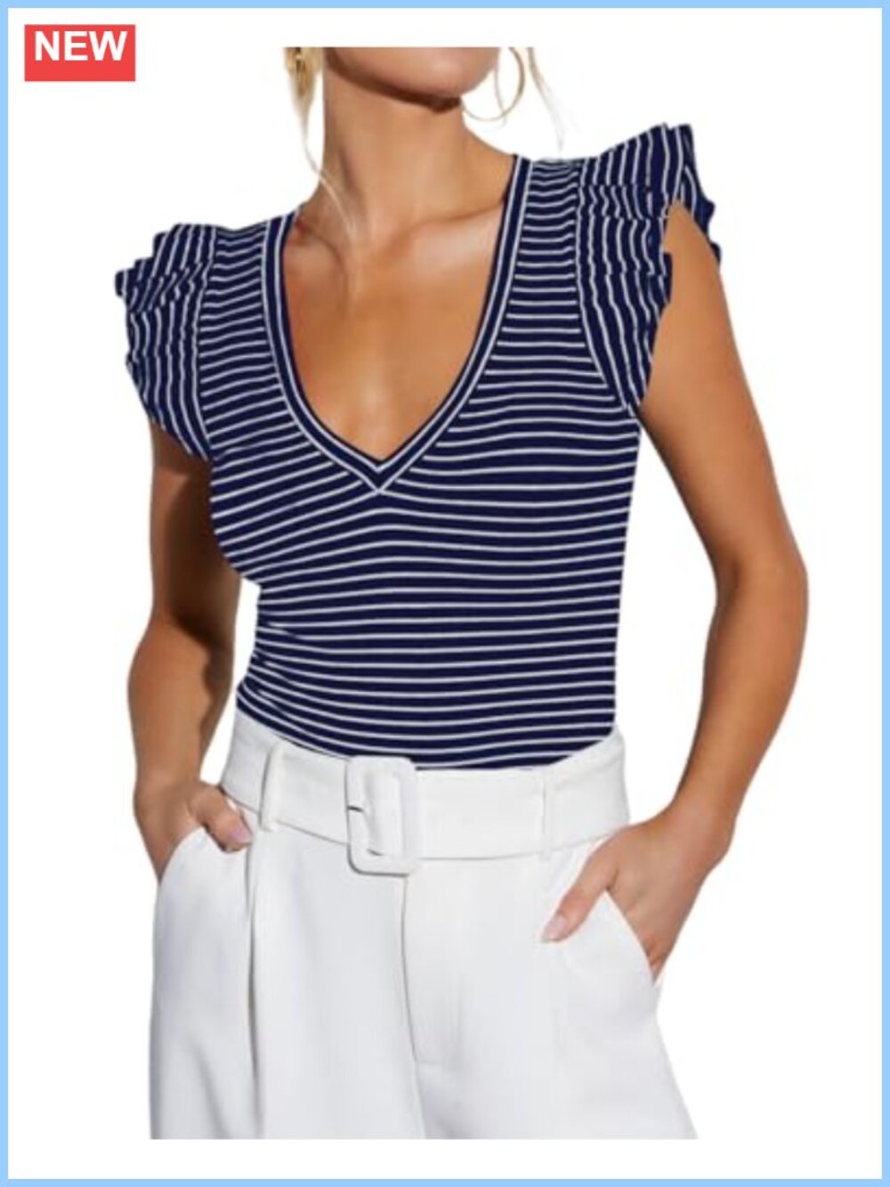Ezbelle Womens Ribbed Knit Ruffle Sleeve V Neck Tank Top Summer Blouse